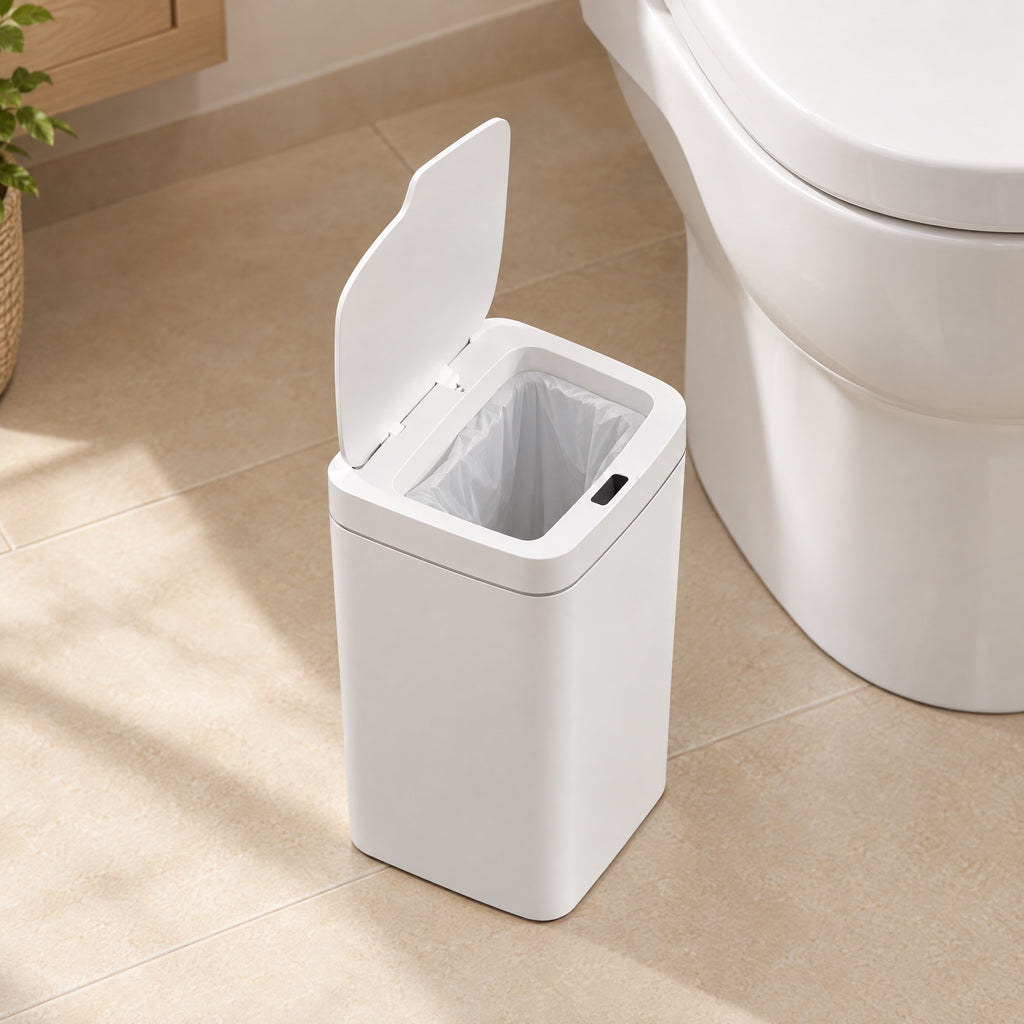 Slim Bathroom Bin with Automatic Lid in use