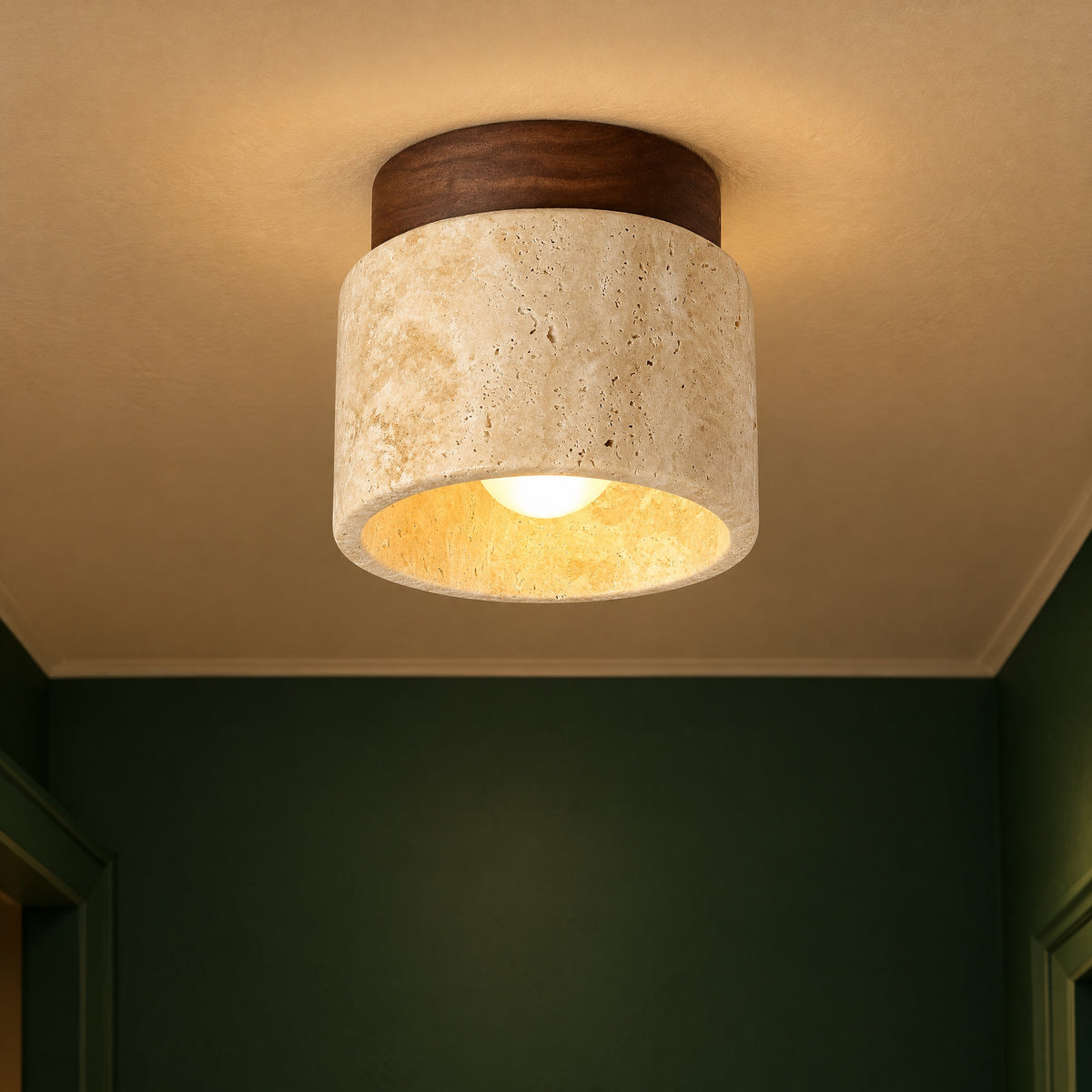 Wooden Ceiling Light – Japandi Stone & Wood Flush Light