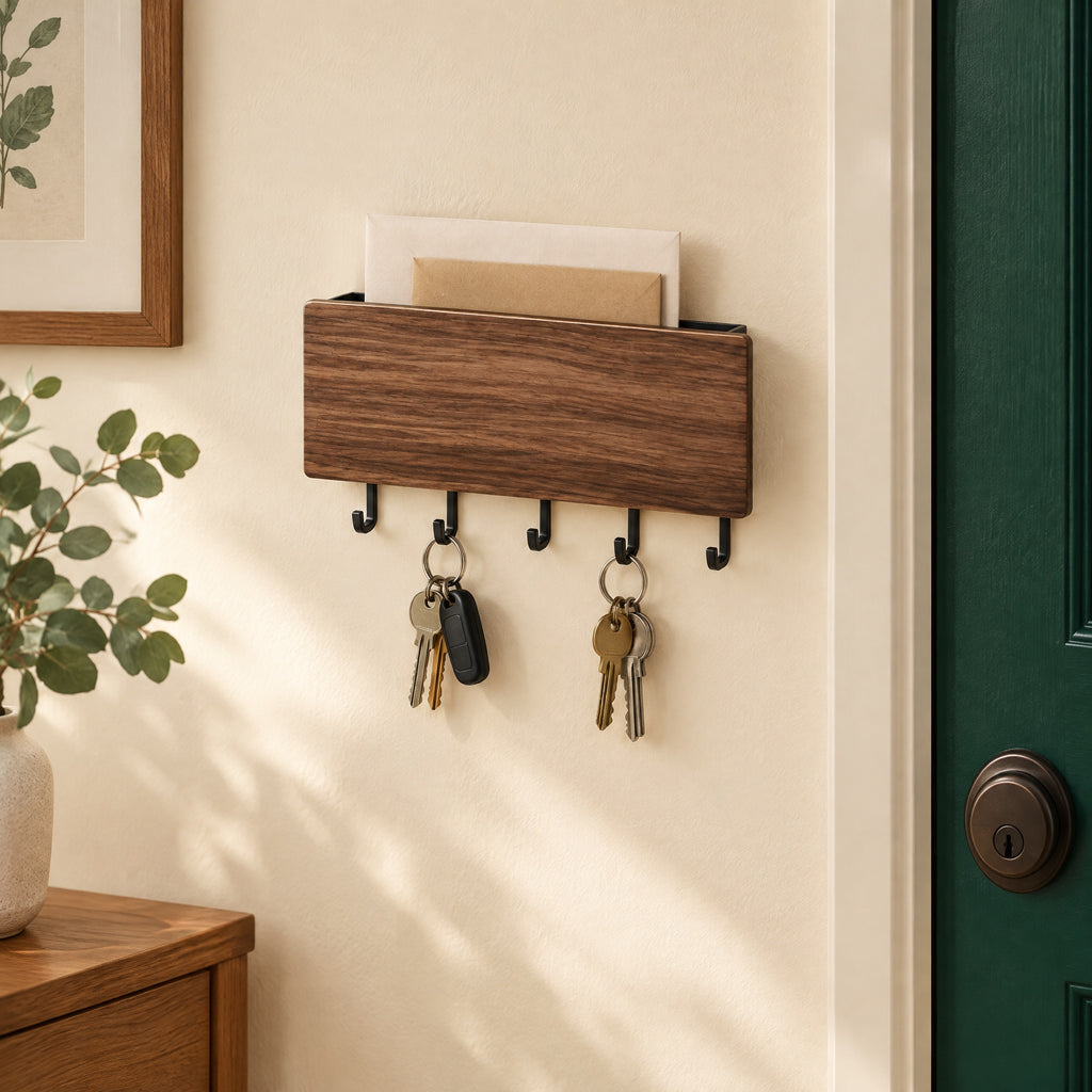 Key Holder for Wall – 5 Hook Wooden Key Rack