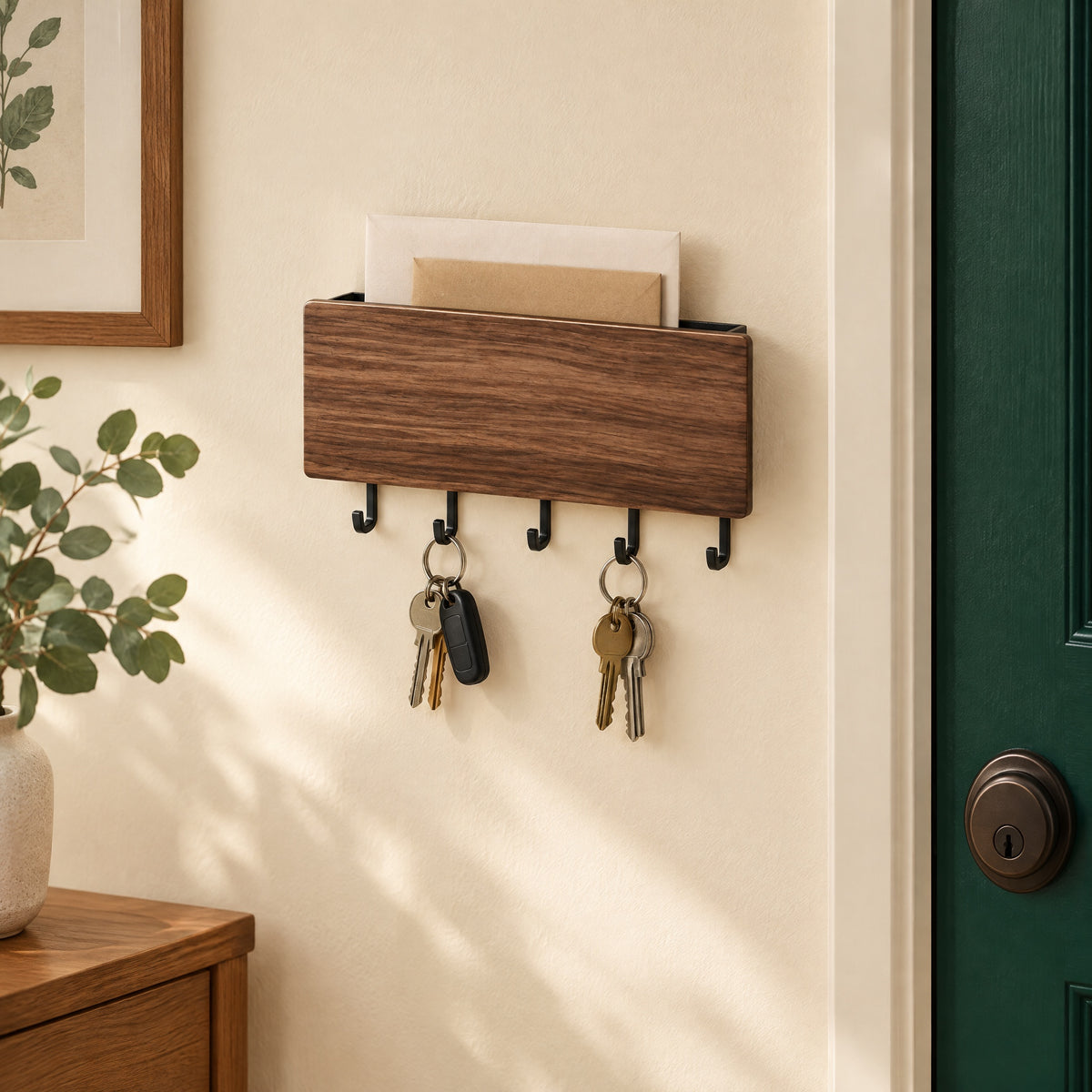 Key Holder for Wall – 5 Hook Wooden Key Rack
