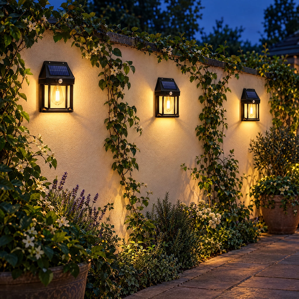 Solar Wall Lantern with Motion Sensor along a garden wall