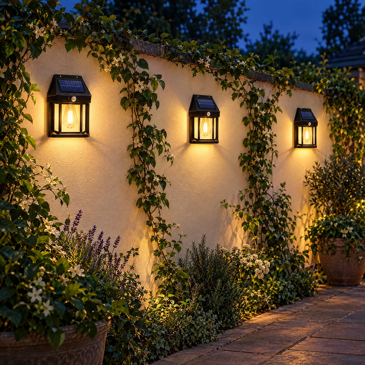 Solar Wall Lantern with Motion Sensor along a garden wall