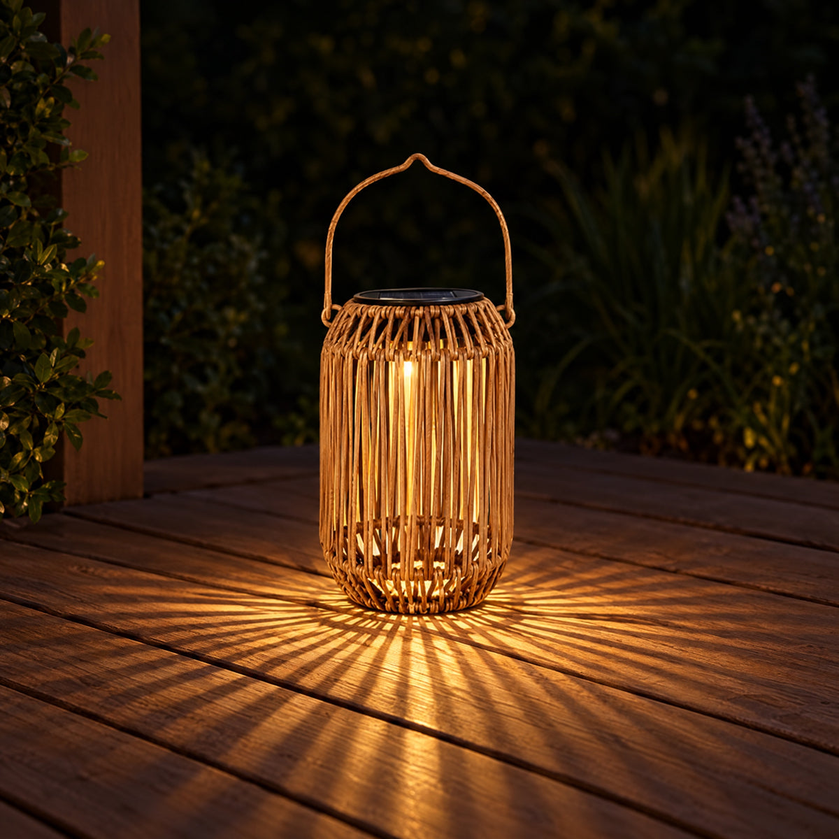 Hanging Hand-Woven Solar Garden Light in use