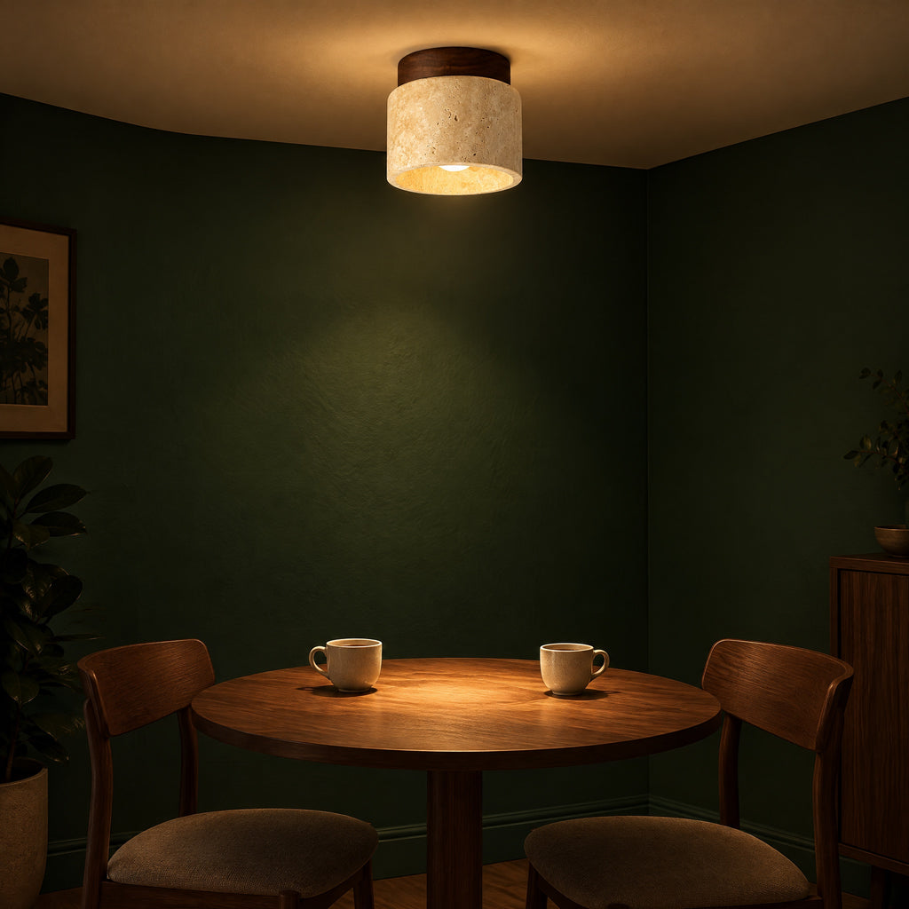 Japandi Stone & Wood Flush Light in use