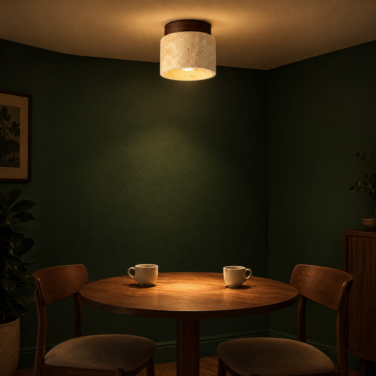 Japandi Stone & Wood Flush Light in use