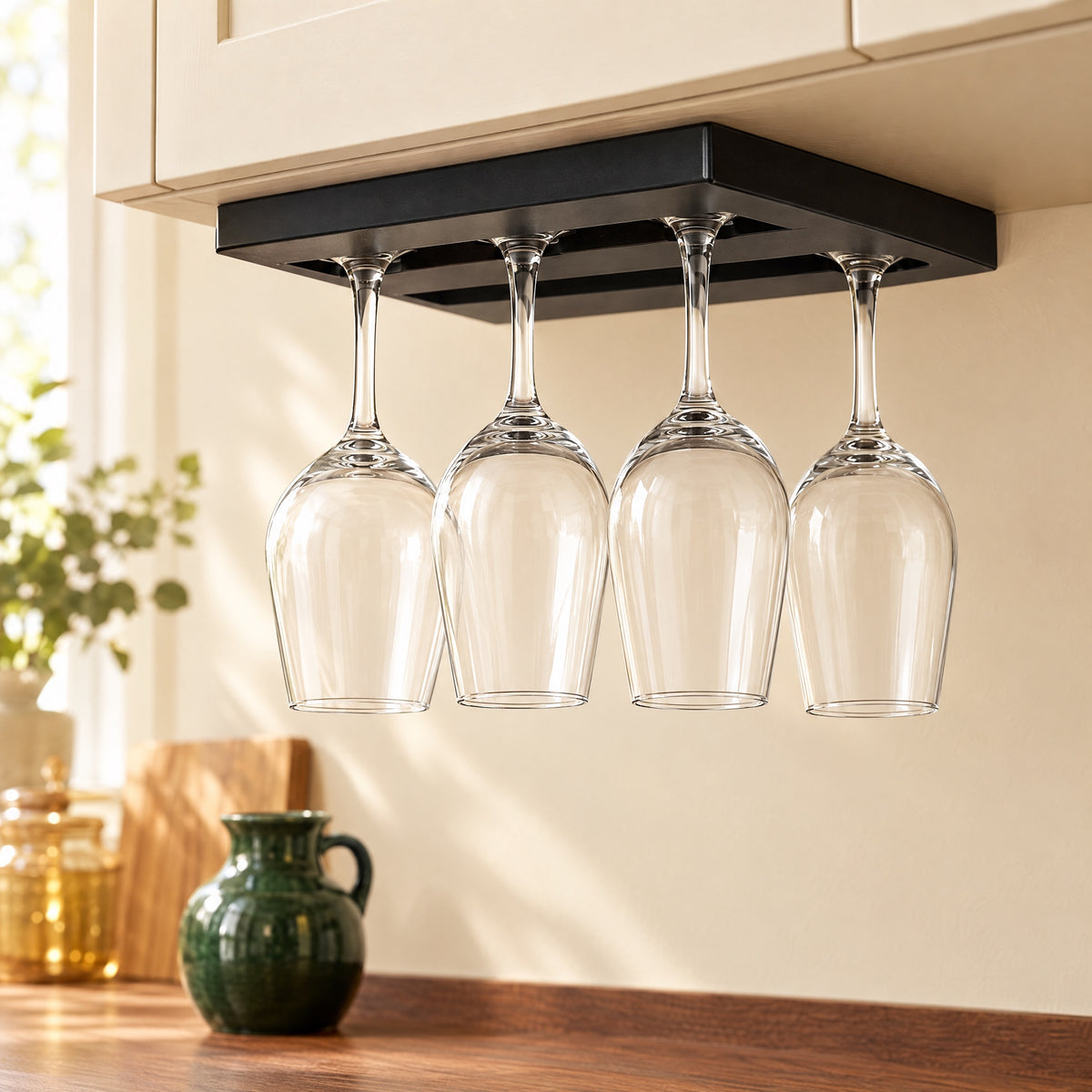 Wine Glass Holder – Under Cabinet Hanging Rack for 6 Glasses