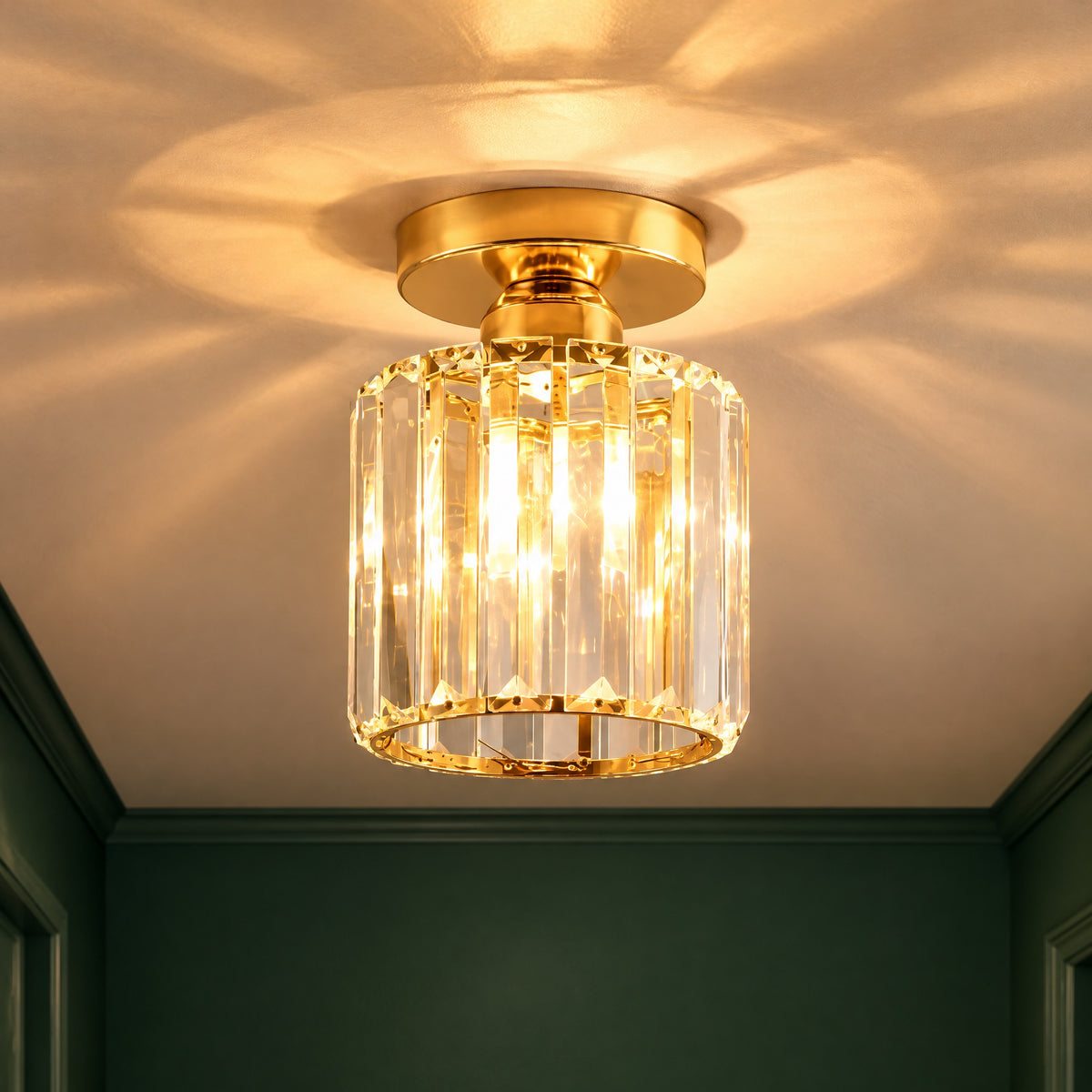 Crystal Ceiling Light – Flush Hallway Light in Gold or Black