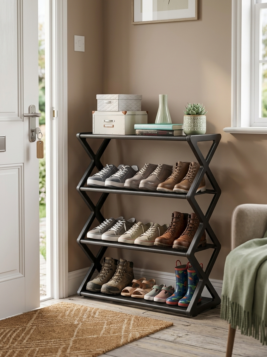 Fixless stackable 4-tier freestanding black shoe rack