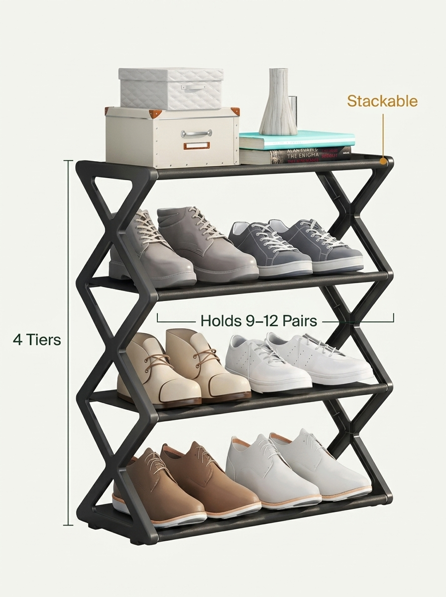 Fixless stackable 4-tier freestanding black shoe rack