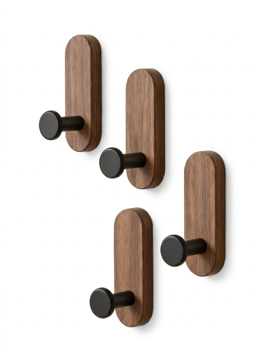 Fixless self-adhesive wooden wall hooks for coats and keys