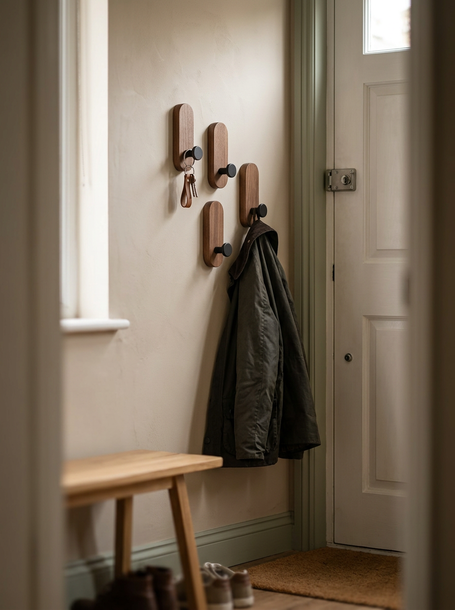Fixless self-adhesive wooden wall hooks for coats and keys