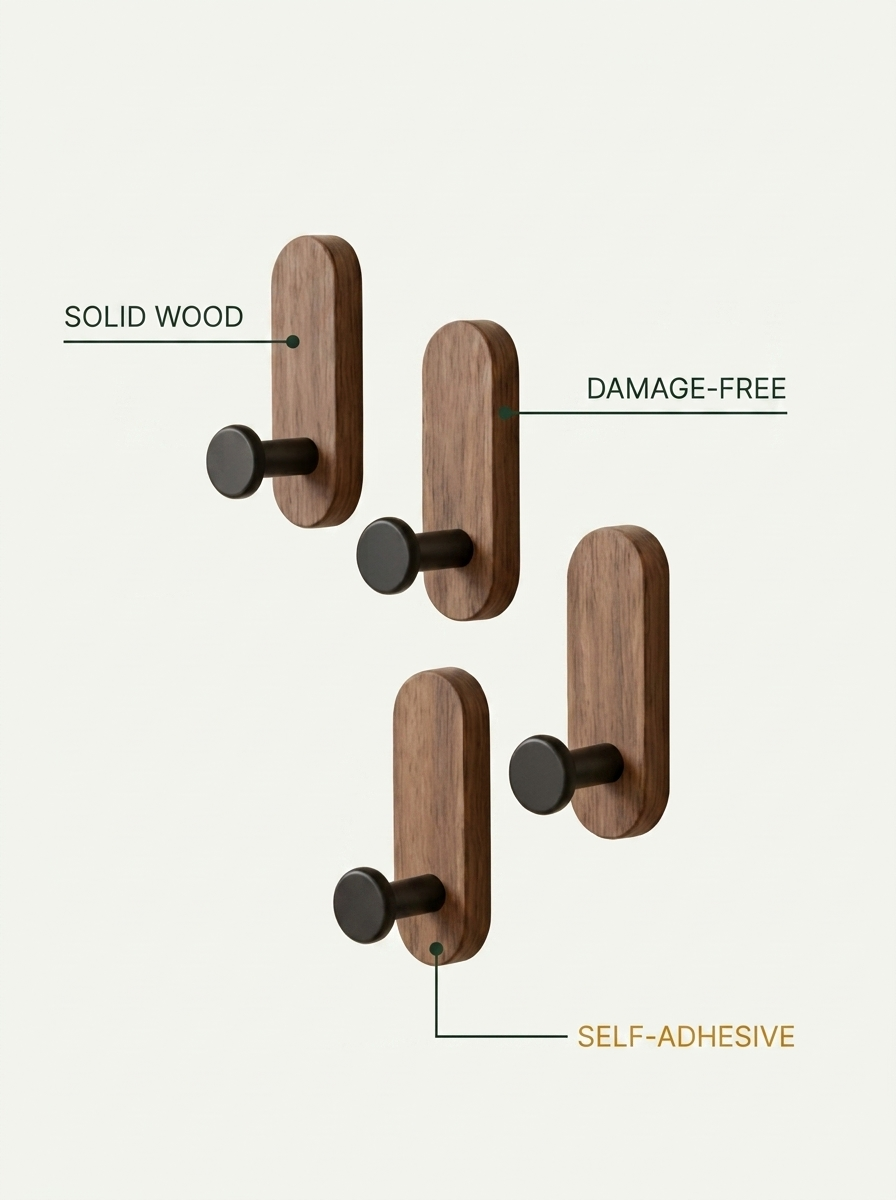 Fixless self-adhesive wooden wall hooks for coats and keys
