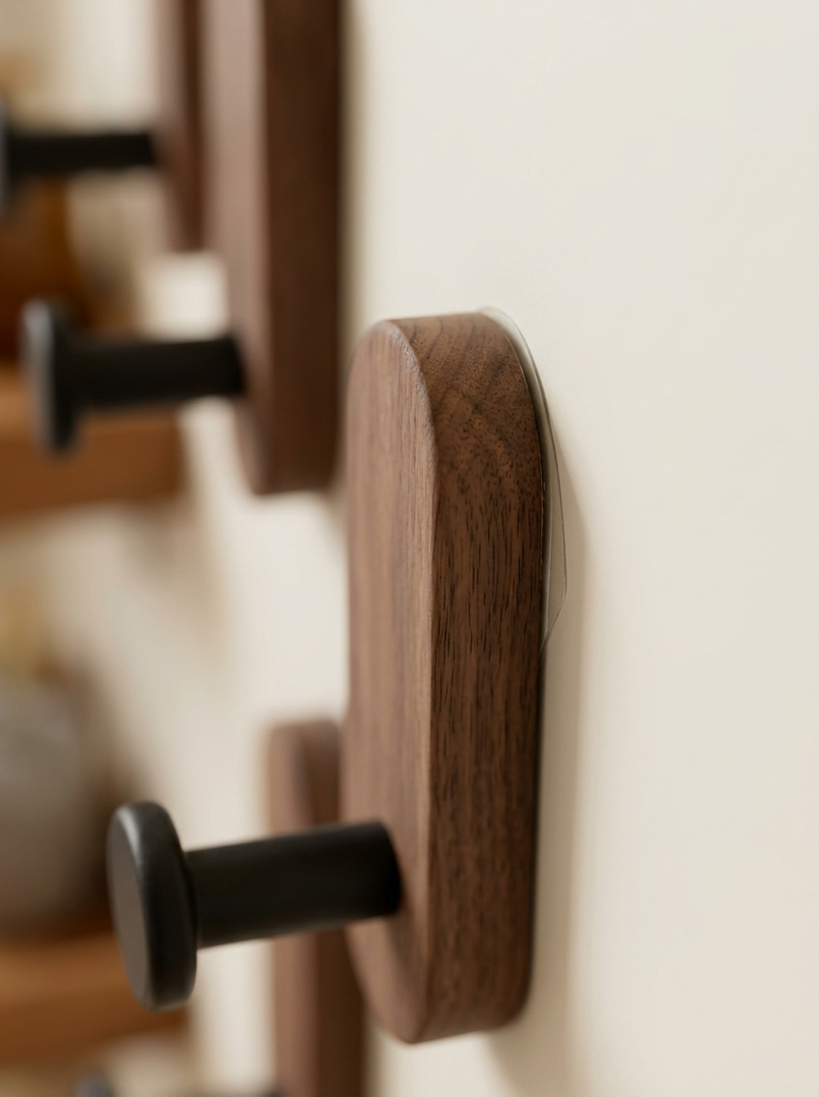 Fixless self-adhesive wooden wall hooks for coats and keys