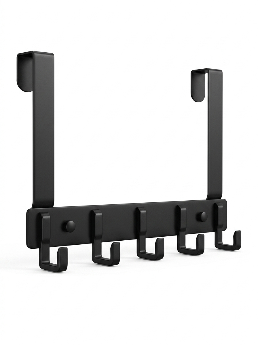 Fixless over-door 6-hook rack in black for coats and towels