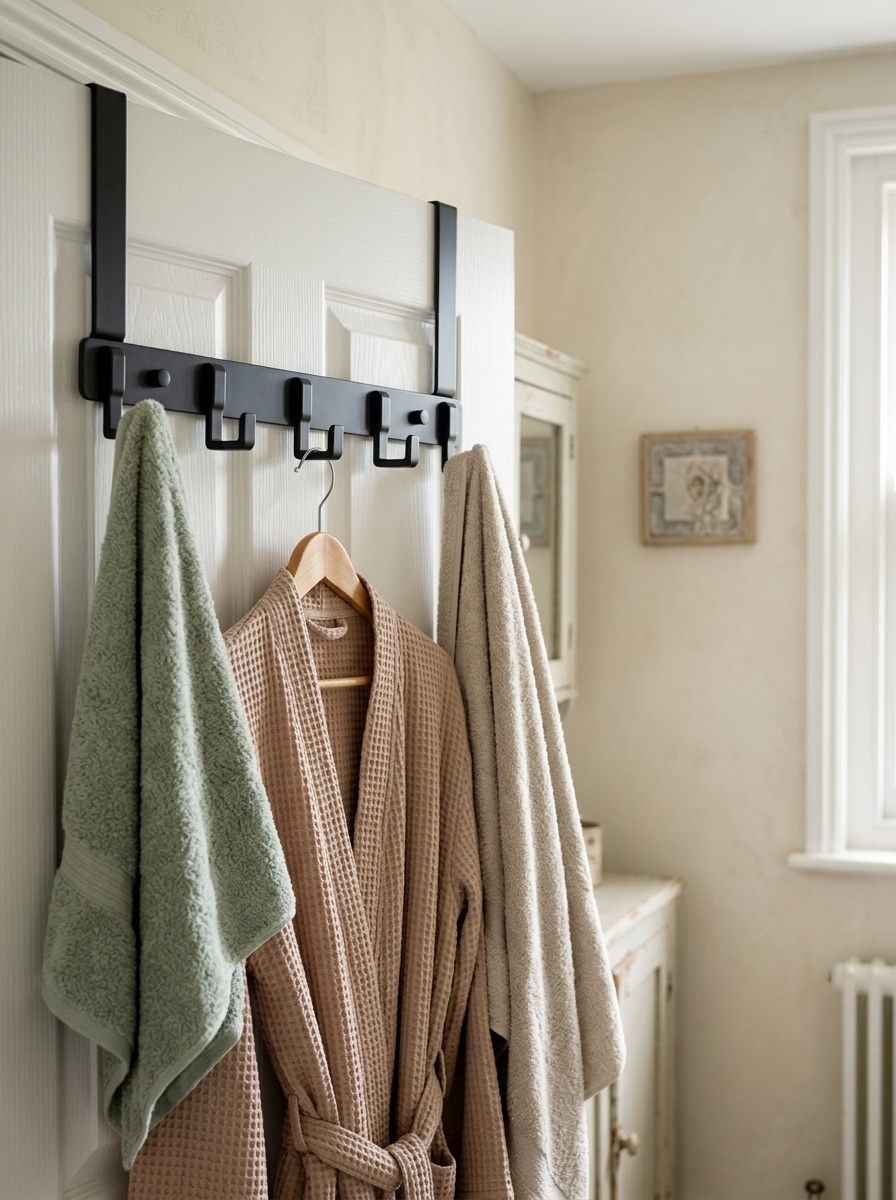 Fixless over-door 6-hook rack in black for coats and towels