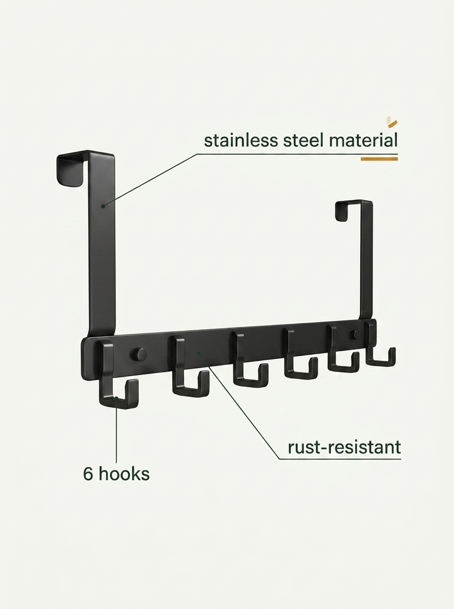 Fixless over-door 6-hook rack in black for coats and towels