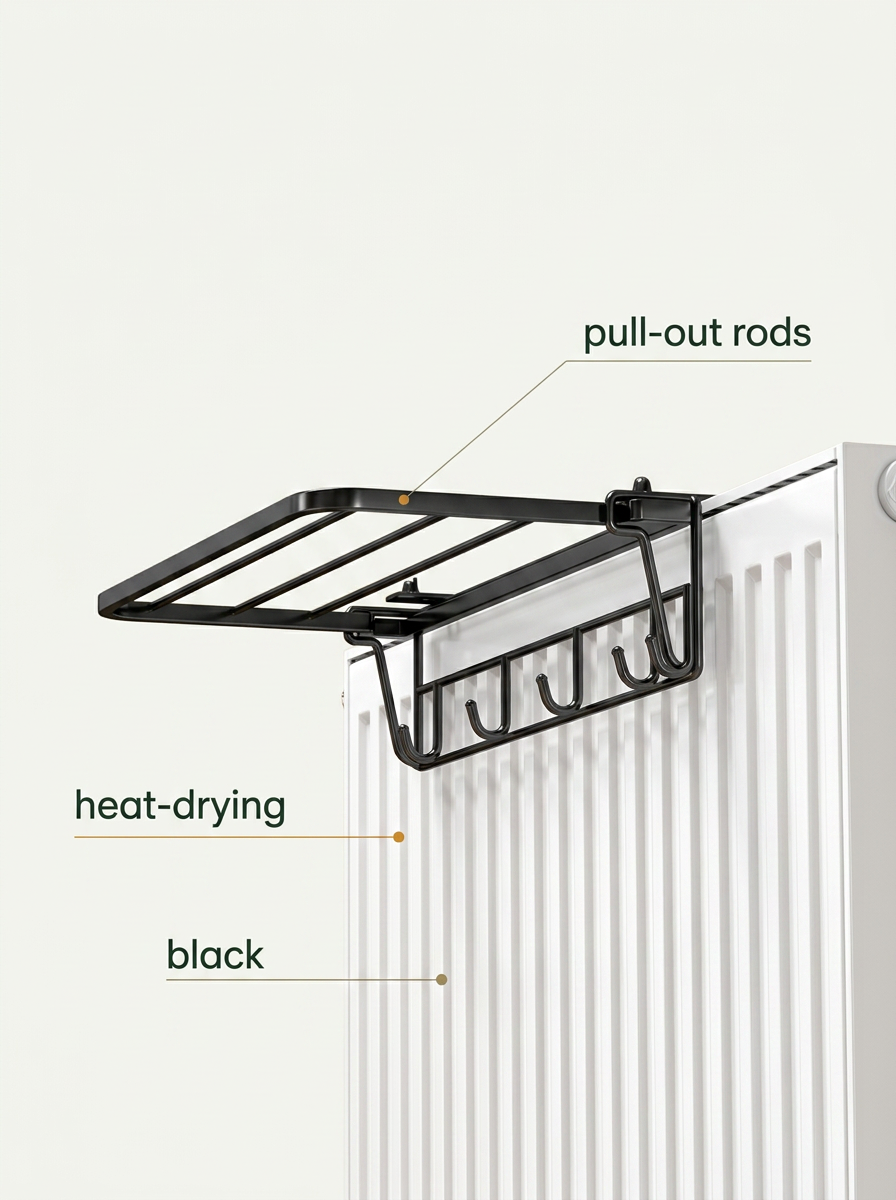Fixless no-drill black radiator pull-out drying rack