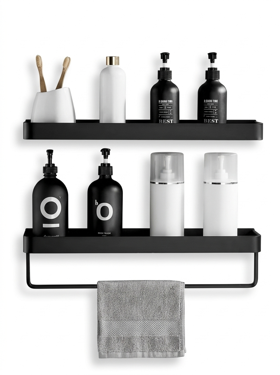 Fixless no-drill 3-tier black corner bathroom shower shelf