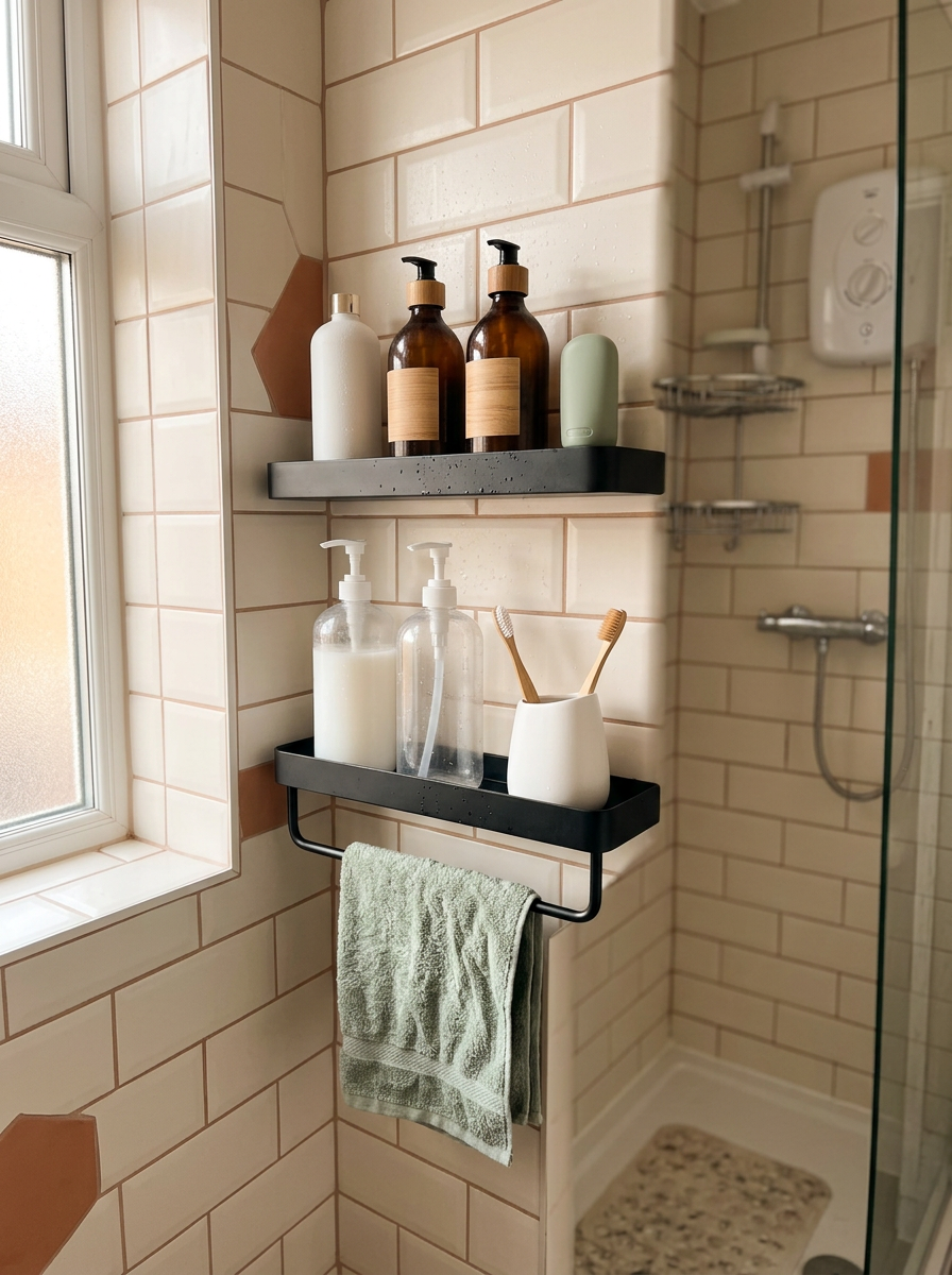 Fixless no-drill 3-tier black corner bathroom shower shelf