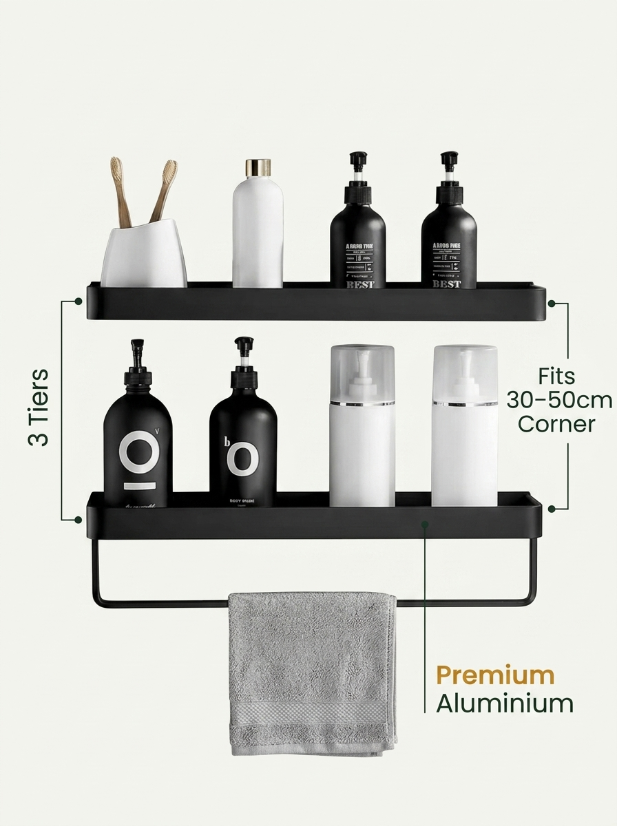Fixless no-drill 3-tier black corner bathroom shower shelf