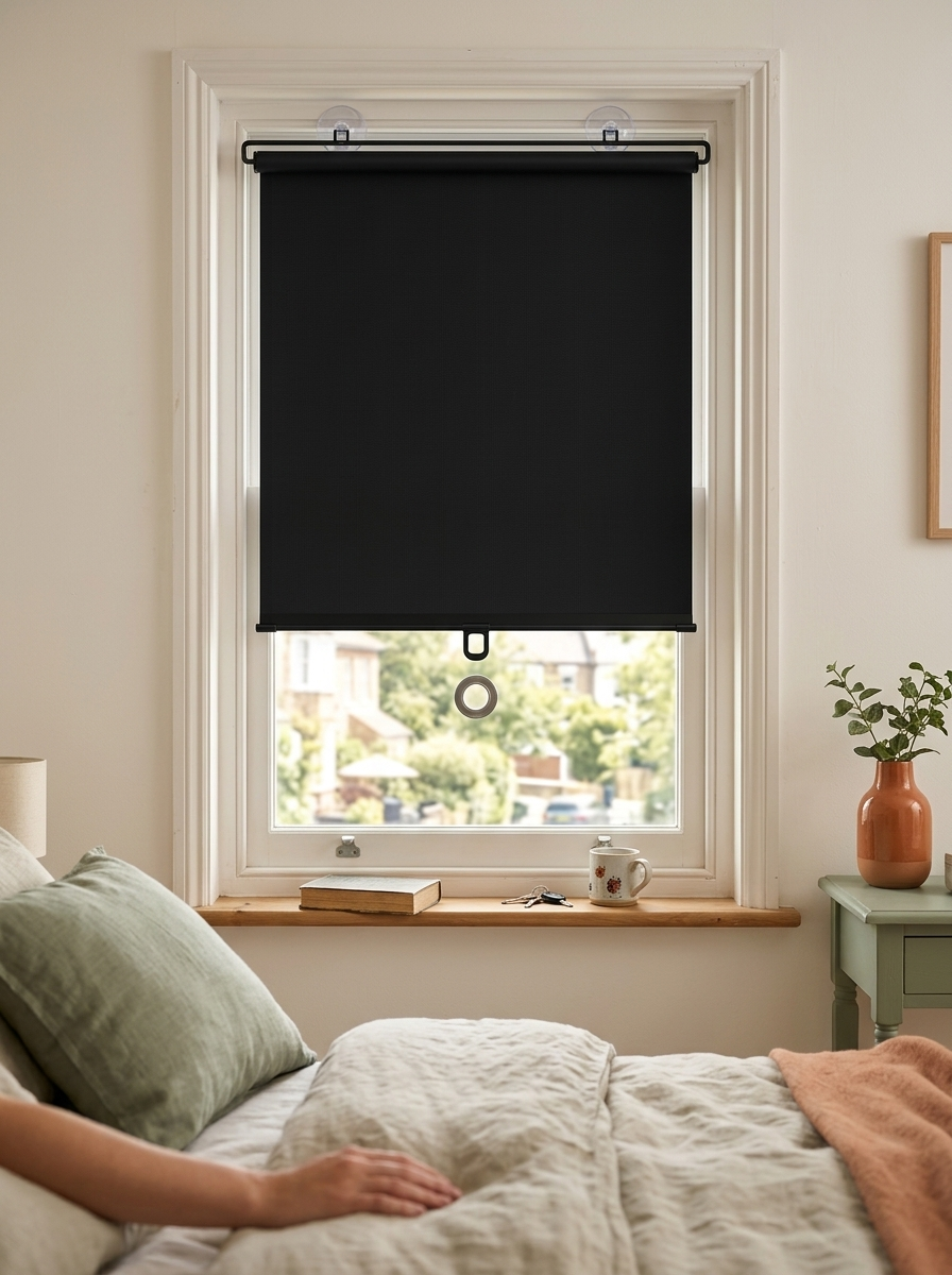 Fixless no-drill suction-cup blackout roller blind in black