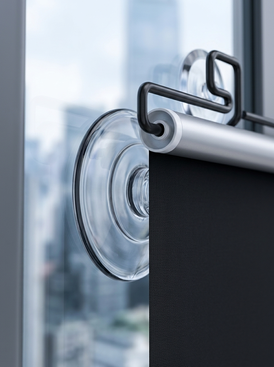 Fixless no-drill suction-cup blackout roller blind in black