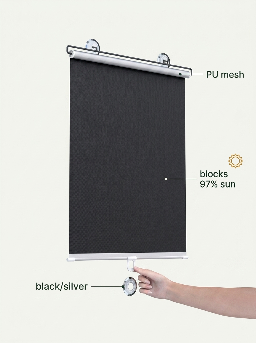 Fixless no-drill suction-cup blackout roller blind in black