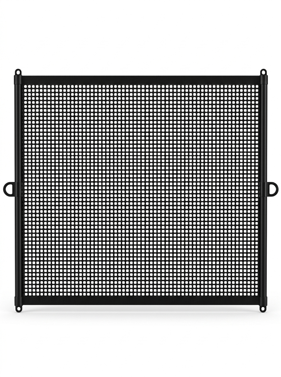 Fixless no-drill foldable black mesh dog barrier for doorways