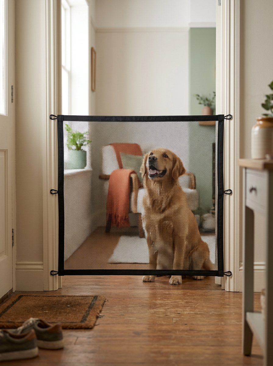 Fixless no-drill foldable black mesh dog barrier for doorways