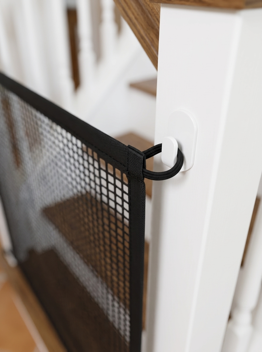 Fixless no-drill foldable black mesh dog barrier for doorways