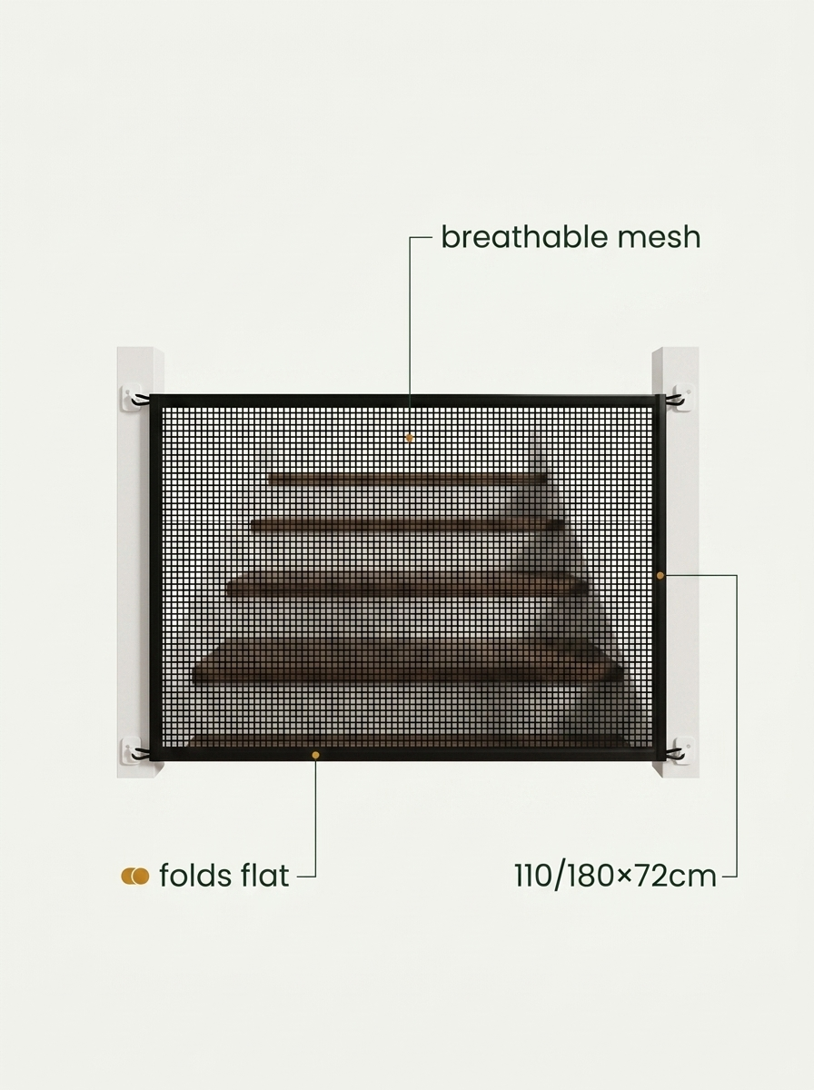Fixless no-drill foldable black mesh dog barrier for doorways