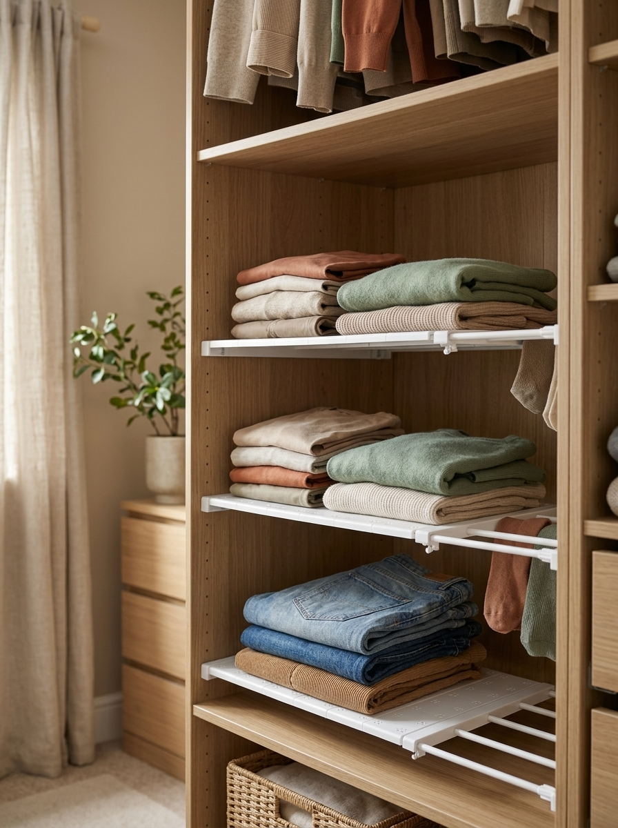 Fixless no-drill freestanding expandable wardrobe shelf in white