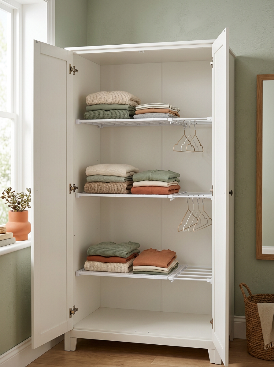 Fixless no-drill freestanding expandable wardrobe shelf in white