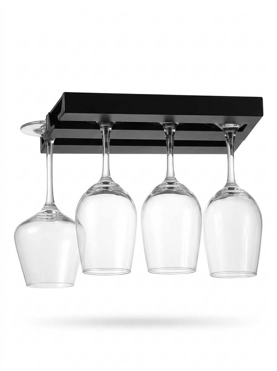 Fixless no-drill under-cabinet black wine glass holder