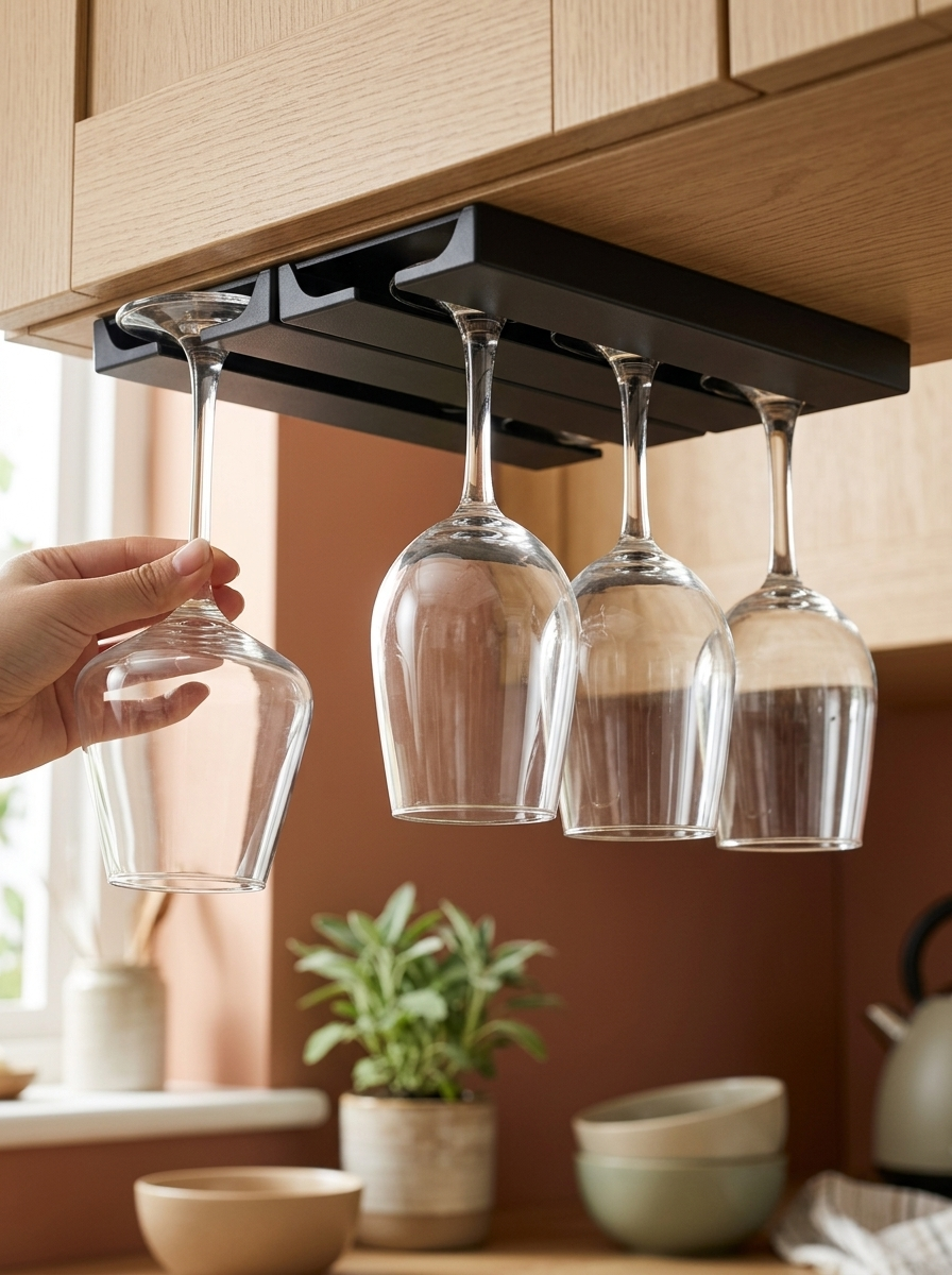 Fixless no-drill under-cabinet black wine glass holder