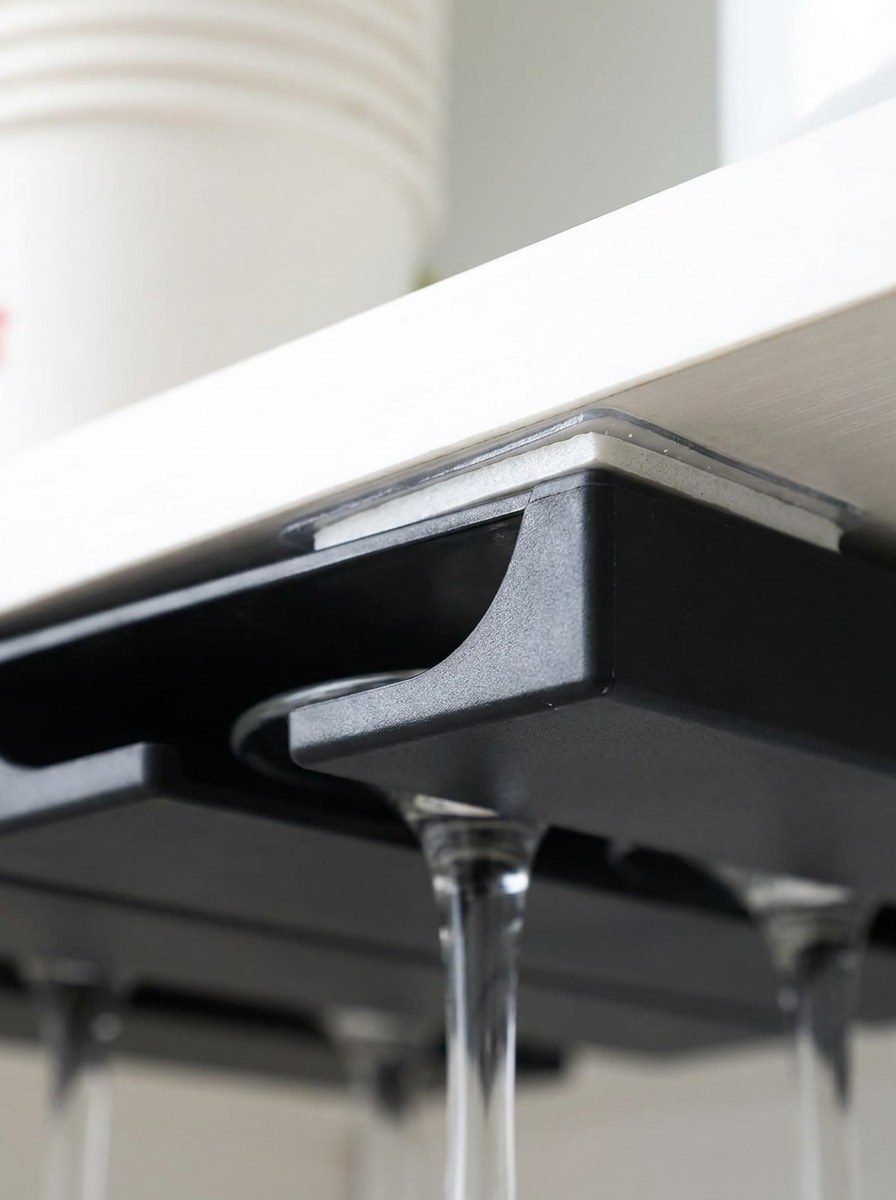 Fixless no-drill under-cabinet black wine glass holder