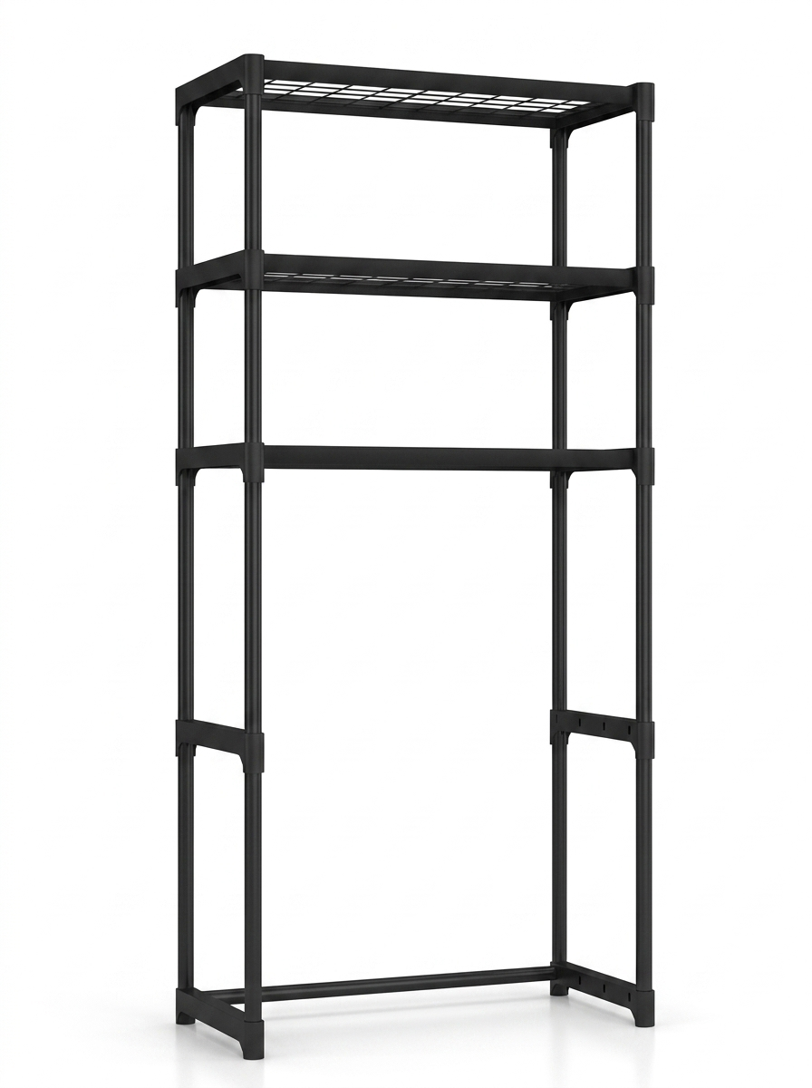 Fixless freestanding black over-toilet bathroom storage rack