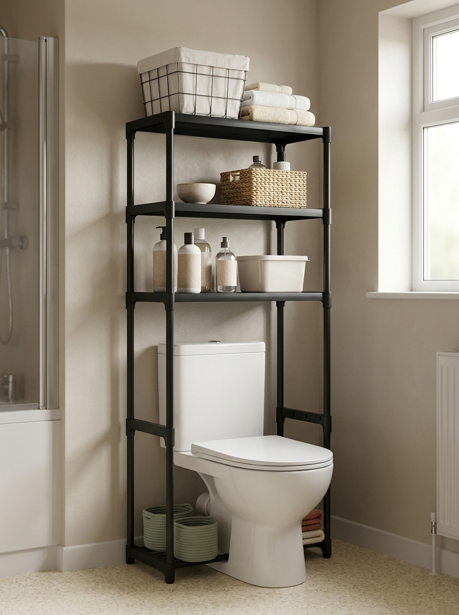 Fixless freestanding black over-toilet bathroom storage rack