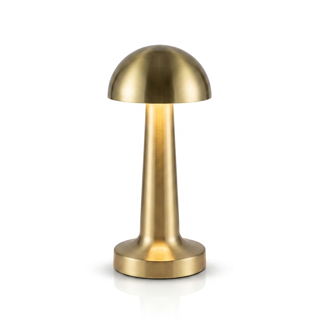 Gold cordless retro touch table lamp with a domed metal shade