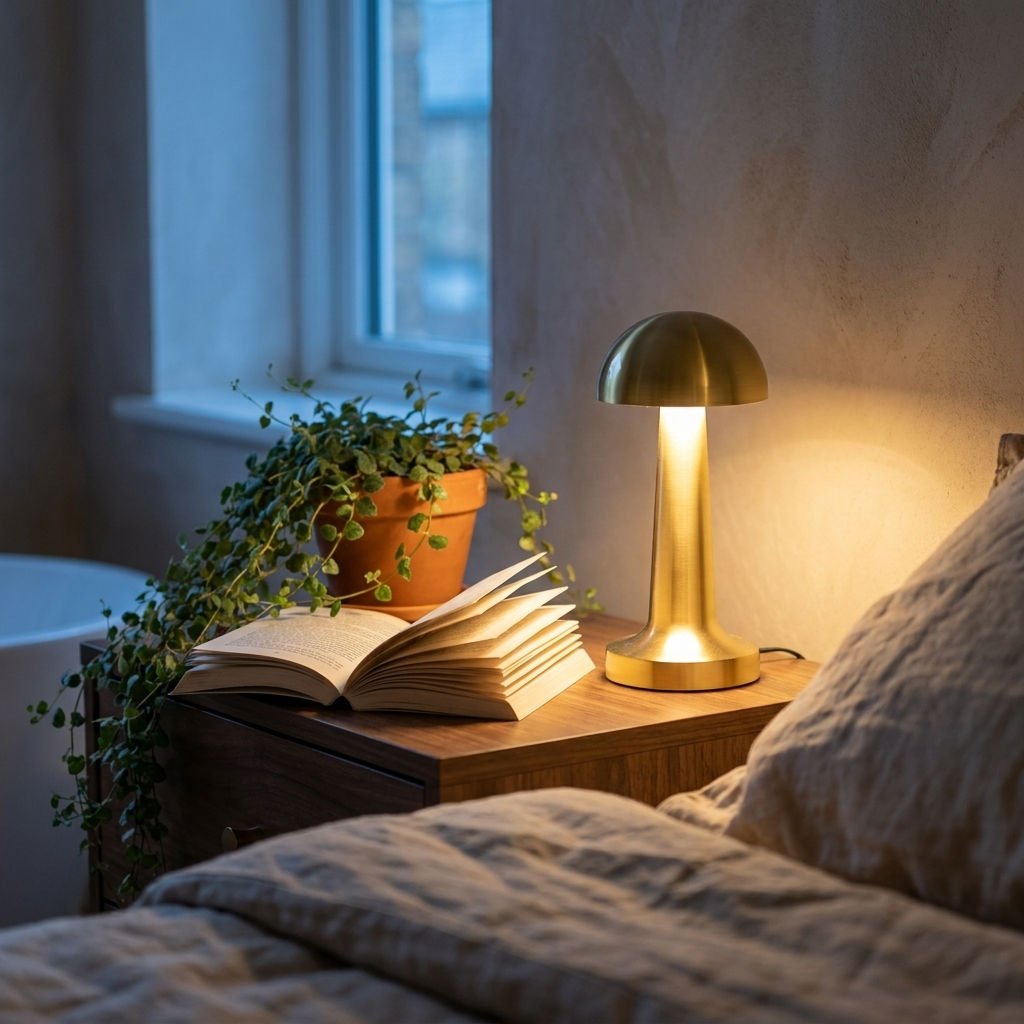 Cordless retro touch table lamp glowing warm on a table