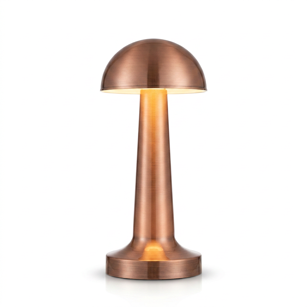 Rose gold cordless retro touch table lamp with a domed metal shade