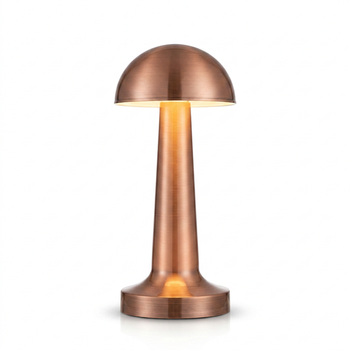 Rose gold cordless retro touch table lamp with a domed metal shade