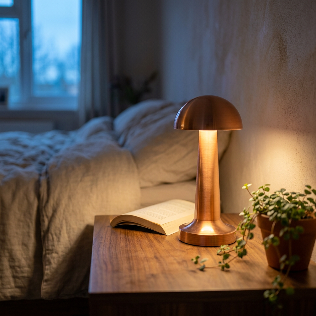 Cordless retro touch table lamp on a bedside table