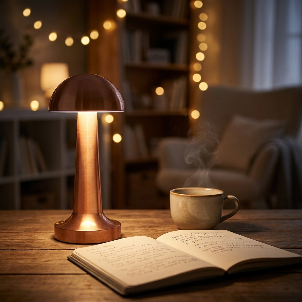 Cordless retro touch table lamp on a bedside table at night