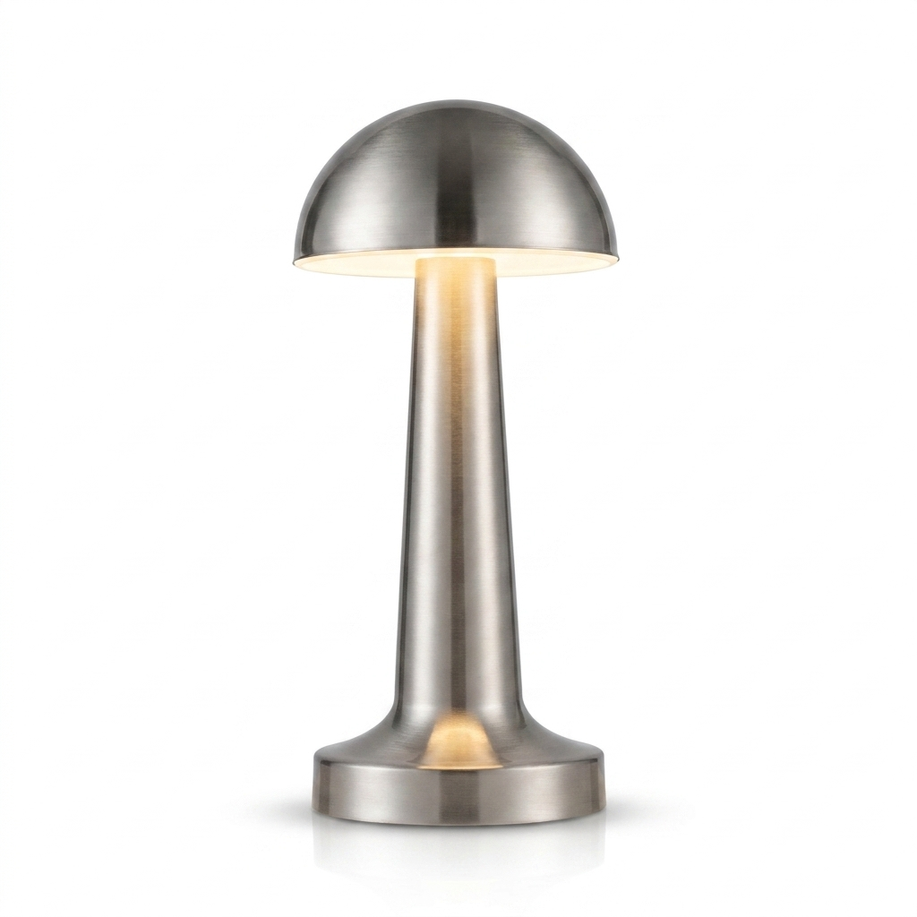 Silver cordless retro touch table lamp with a domed metal shade