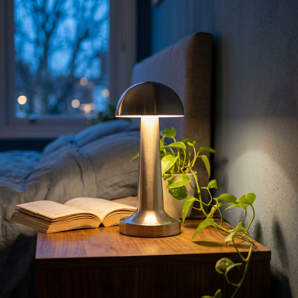 Cordless retro touch table lamp glowing in a room