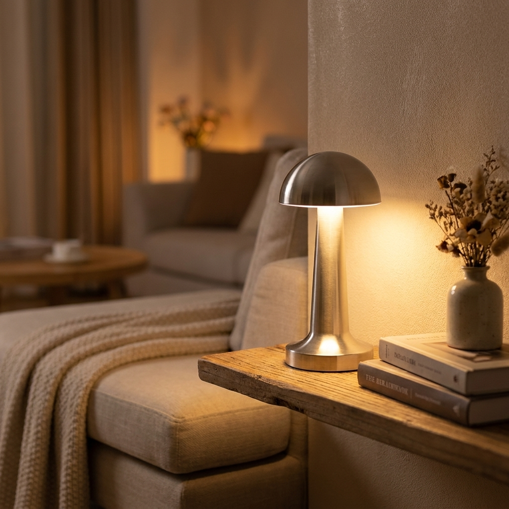 Cordless retro touch table lamp on a shelf