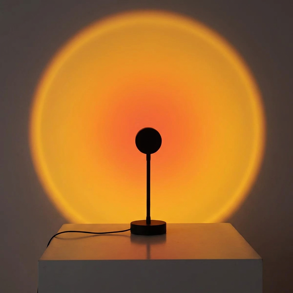 LED sunset projection lamp casting a warm sunset glow on a wall
