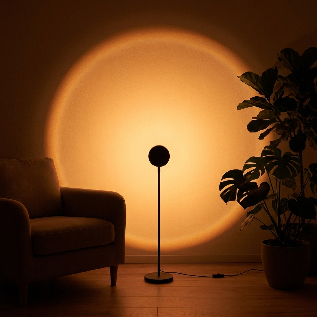 LED sunset projection lamp glowing on a table