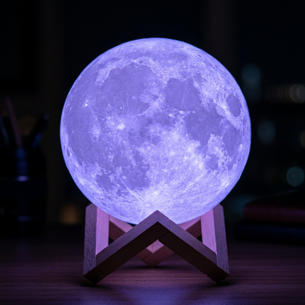 3D moon lamp night light on a bedside table